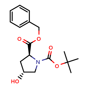 Chemical structure of Benzyl (4R)-1-Boc-4-hydroxy-L-prolinate , CAS 89813-47-8, AChemBlock P35302