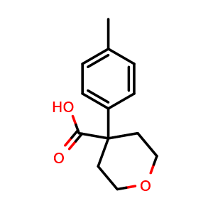 Chemical structure of 4-(4-Methylphenyl)tetrahydropyran-4-carboxylic acid , CAS 889940-11-8, AChemBlock P35359