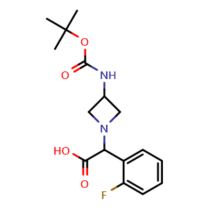 Chemical structure of a-(2-F-Ph)-3-(Boc-amino)-1-azetidineacetic acid , CAS 887594-64-1, AChemBlock P35382