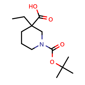 Chemical structure of 1-Boc-3-ethyl-3-piperidinecarboxylic acid , CAS 887591-65-3, AChemBlock P35383