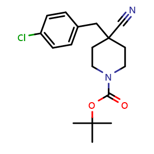 Chemical structure of 1-Boc-4-cyano-4-(4-chlorobenzyl)-piperidine , CAS 885500-39-0, AChemBlock P35446