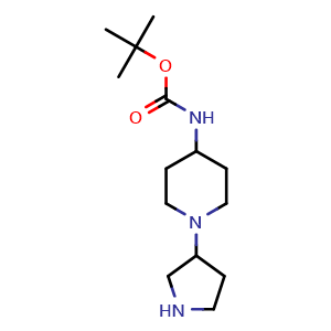 Chemical structure of 1-(3-Pyrrolidinyl)-4-(Boc-amino)piperidine , CAS 885274-91-9, AChemBlock P35458