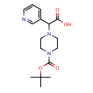 Chemical structure of a-3-Pyridinyl-4-Boc-1-piperazineacetic acid , CAS 885274-51-1, AChemBlock P35460