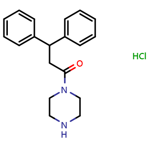 Chemical structure of 3,3-Diphenyl-1-(1-piperazinyl)-1-propanone hydrochloride , CAS 88372-34-3, AChemBlock P35485