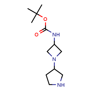 Chemical structure of 1-(3-Pyrrolidinyl)-3-(Boc-amino)azetidine , CAS 883547-40-8, AChemBlock P35488