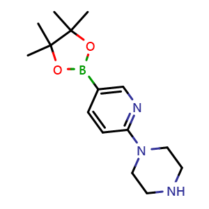 Chemical structure of 1-(5-(4,4,5,5-tetramethyl-1,3,2-dioxaborolan-2-yl)pyridin-2-yl)piperazine , CAS 871125-86-9, AChemBlock P35606