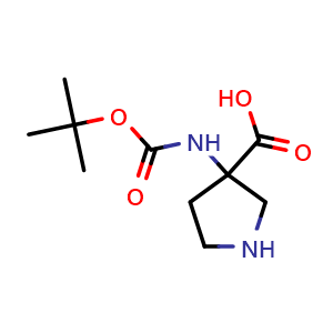 Chemical structure of 3-(Boc-amino)-3-pyrrolidinecarboxylic acid , CAS 869786-49-2, AChemBlock P35625