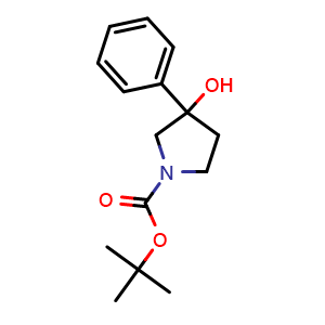 Chemical structure of 1-Boc-3-phenyl-3-hydroxypyrrolidine , CAS 851000-71-0, AChemBlock P35800