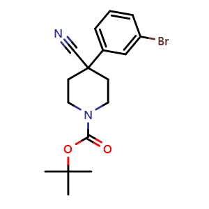 Chemical structure of 1-Boc-4-cyano-4-(3-bromophenyl)-piperidine , CAS 849928-28-5, AChemBlock P35813
