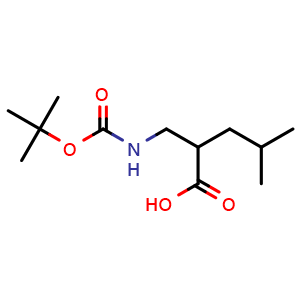 Chemical structure of 2-[(Boc-amino)methyl]-4-methyl-pentanoic acid , CAS 828254-17-7, AChemBlock P35907