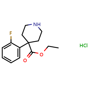 Chemical structure of 4-(2-Fluorophenyl)-4-ethoxycarbonylpiperidine hydrochloride , CAS 80142-03-6, AChemBlock P35994