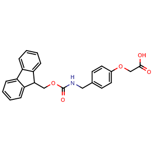 Chemical structure of 2-[4-[(Fmoc-amino)methyl]phenoxy]acetic acid , CAS 721939-61-3, AChemBlock P36428