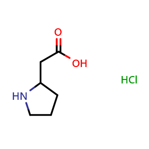 Chemical structure of 2-Pyrrolidineacetic acid hydrochloride , CAS 71985-79-0, AChemBlock P36438