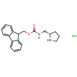 Chemical structure of (S)-2-(N-Fmoc-aminomethyl)pyrrolidine hydrochloride , CAS 672310-16-6, AChemBlock P36704