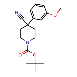 Chemical structure of 1-Boc-4-cyano-4-(3-methoxyphenyl)-piperidine , CAS 553631-35-9, AChemBlock P37463