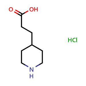 Chemical structure of 4-Piperidinepropanoic acid hydrochloride , CAS 51052-79-0, AChemBlock P37756