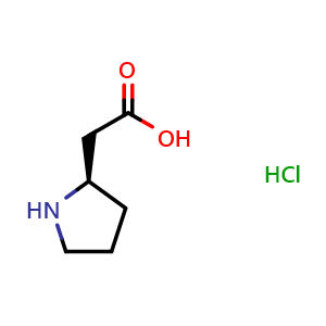 Chemical structure of (2R)-2-Pyrrolidineacetic acid hydrochloride , CAS 439918-59-9, AChemBlock P38072