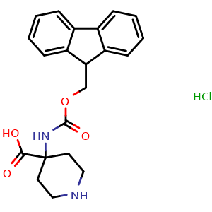 Chemical structure of 4-(N-Fmoc-amino)piperidine-4-carboxylic acid hydrochloride , CAS 368866-09-5, AChemBlock P38495