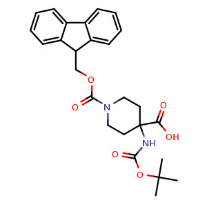 Chemical structure of 4-(Boc-amino)-1-Fmoc-4-piperidinecarboxylic acid , CAS 368866-07-3, AChemBlock P38496
