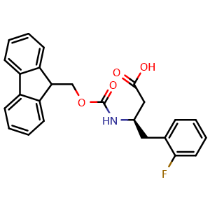 Chemical structure of (R)-b-(Fmoc-amino)-2-fluoro-benzenebutanoic acid , CAS 331763-63-4, AChemBlock P38770