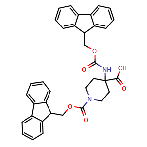 Chemical structure of 4-(Fmoc-amino)-1-Fmoc-4-piperidinecarboxylic acid , CAS 252029-00-8, AChemBlock P39348