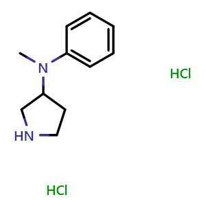 Chemical structure of 3-(N-Methylanilino)-pyrrolidine dihydrochloride , CAS 22106-67-8, AChemBlock P39612