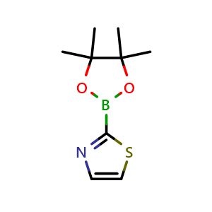Chemical structure of 2-(4,4,5,5-tetramethyl-1,3,2-dioxaborolan-2-yl)thiazole , CAS 214360-88-0, AChemBlock P39750