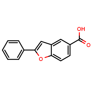 Chemical structure of 2-Phenyl-5-benzofurancarboxylic acid , CAS 190067-62-0, AChemBlock P40198