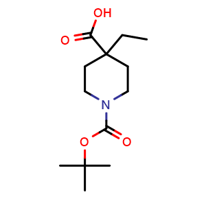 Chemical structure of 1-Boc-4-ethyl-4-piperidinecarboxylic acid , CAS 188792-67-8, AChemBlock P40227