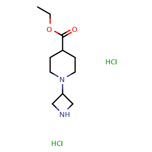 Chemical structure of Ethyl 1-(3-azetidinyl)-4-piperidinecarboxylatedihydrochloride , CAS 178311-45-0, AChemBlock P40439