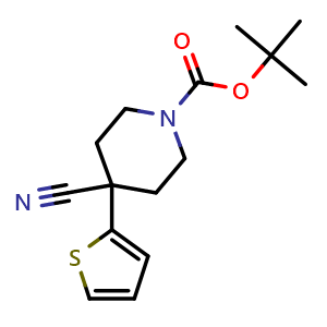 Chemical structure of 1-Boc-4-cyano-4-(2-thienyl)-piperidine , CAS 167263-68-5, AChemBlock P40700
