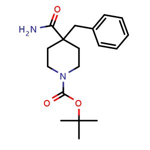 Chemical structure of tert-Butyl 4-benzyl-4-carbamoylpiperidine-1-carboxylate , CAS 167263-12-9, AChemBlock P40701