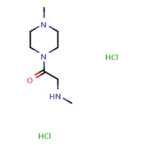 Chemical structure of 4-(Methylaminoacetyl)-1-methyl-piperazine dihydrochloride , CAS 166187-00-4, AChemBlock P40732