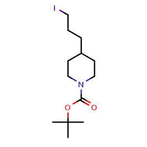 Chemical structure of 4-(3-Iodopropyl)-1-Boc-piperidine , CAS 142374-14-9, AChemBlock P41294