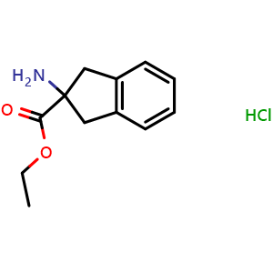 Chemical structure of Ethyl 2-amino-indane-2-carboxylate hydrochloride , CAS 136834-79-2, AChemBlock P41496