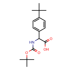 Chemical structure of 2-(Boc-amino)-2-(4-tert-butyl-phenyl)acetic acid , CAS 1336889-00-9, AChemBlock P41623