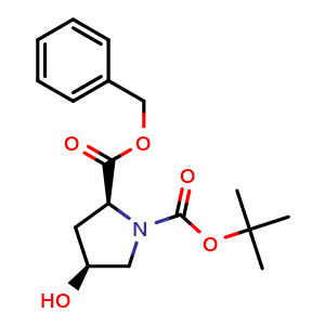 Chemical structure of Benzyl (4S)-1-Boc-4-hydroxy-L-prolinate , CAS 132622-90-3, AChemBlock P41674