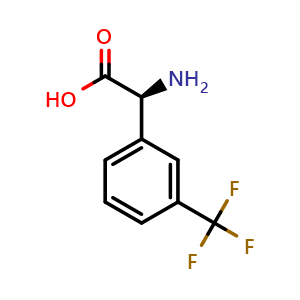 Chemical structure of (S)-a-Amino-3-(trifluoromethyl)benzeneacetic acid , CAS 1228568-48-6, AChemBlock P42146