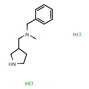 Chemical structure of N-benzyl-N-methyl-1-(pyrrolidin-3-yl)methanamine dihydrochloride , CAS 1219960-35-6, AChemBlock P42193