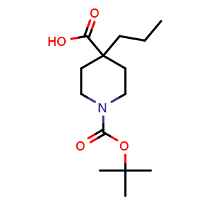 Chemical structure of 1-Boc-4-propyl-4-piperidinecarboxylic acid , CAS 1217863-02-9, AChemBlock P42212