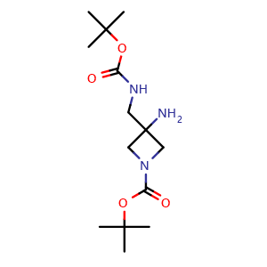 Chemical structure of 1-Boc-3-amino-3-[(Boc-amino)methyl]azetidine , CAS 1158759-57-9, AChemBlock P42506