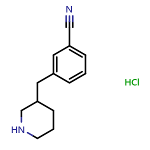 Chemical structure of 3-(3-Piperidinylmethyl)benzonitrile hydrochloride , CAS 1158746-91-8, AChemBlock P42508