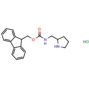 Chemical structure of 2-(N-Fmoc-aminomethyl)pyrrolidine hydrochloride , CAS 1131622-58-6, AChemBlock P42591