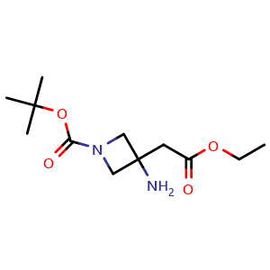 Chemical structure of 3-Amino-1-Boc-3-azetidineacetic acid ethyl ester , CAS 1111202-76-6, AChemBlock P42632
