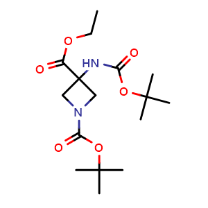 Chemical structure of 1-Boc-3-ethoxycarbonyl-3-(Boc-amino)azetidine , CAS 1105662-59-6, AChemBlock P42648