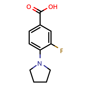 Chemical structure of 3-Fluoro-4-pyrrolidinobenzoic acid , CAS 1021243-16-2, AChemBlock P42986