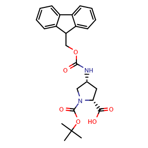 Chemical structure of (4R)-1-Boc-4-(Fmoc-amino)-D-proline , CAS 1018332-24-5, AChemBlock P43019