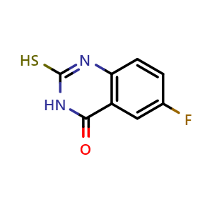 Chemical structure of 6-Fluoro-2-mercaptoquinazolin-4(3H)-one , CAS 69661-42-3, AChemBlock P43224