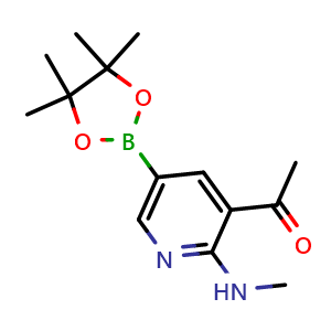 Chemical structure of 1-(2-(methylamino)-5-(4,4,5,5-tetramethyl-1,3,2-dioxaborolan-2-yl)pyridin-3-yl)ethan-1-one , CAS 2103352-44-7, AChemBlock P43335