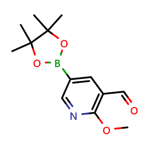 Chemical structure of 2-methoxy-5-(4,4,5,5-tetramethyl-1,3,2-dioxaborolan-2-yl)nicotinaldehyde , CAS 1310404-57-9, AChemBlock P43466
